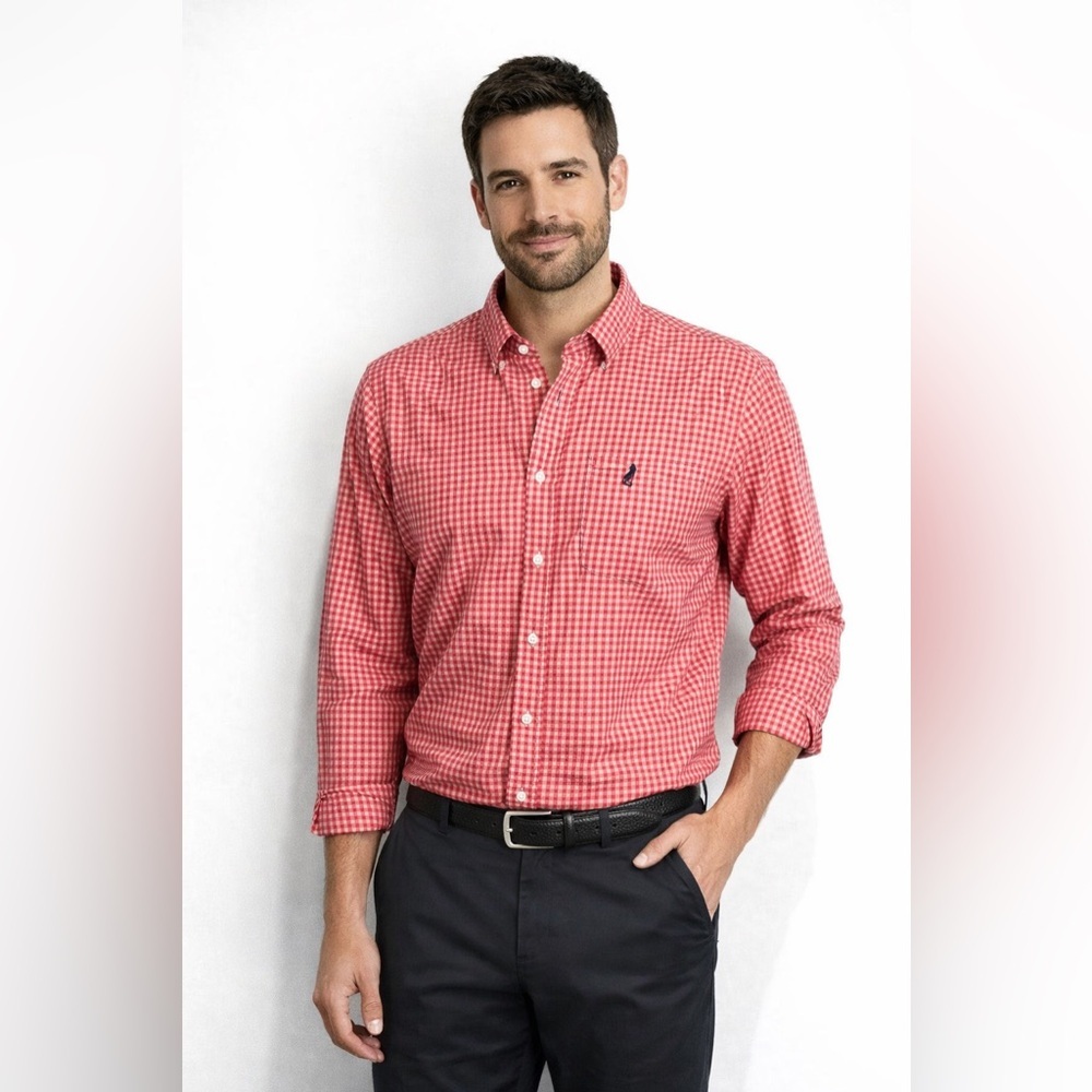 Thomas Pink Red Gingham Button Down Shirt Mens M Cotton